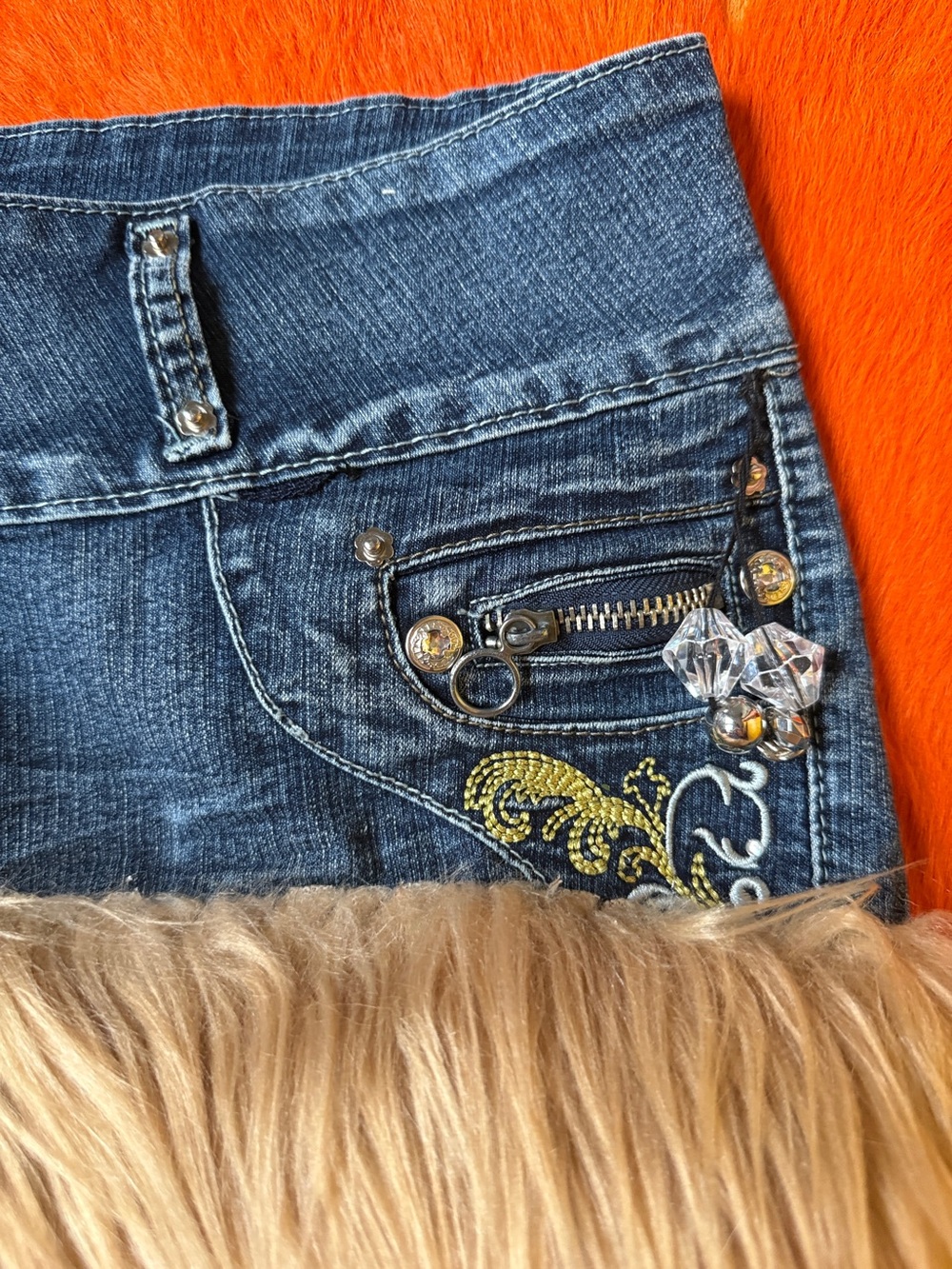Vintage Y2K Fur Trim Micro Mini Skirt | Embellished Low Rise Denim skirt | M - Picture 10 of 10